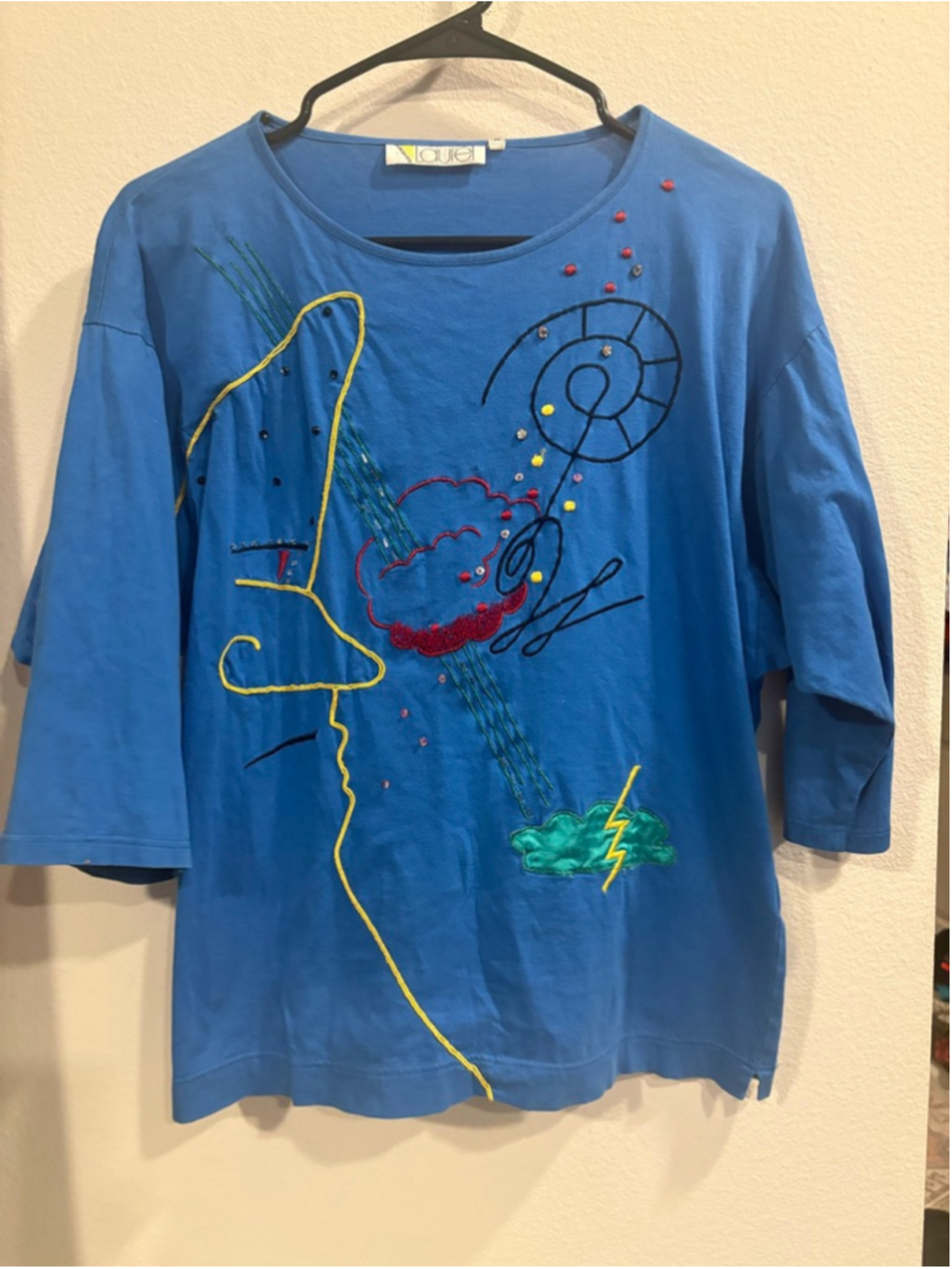 Vintage Laurel Abstract Embroidered Artsy Blue Tee Top Beaded Medium